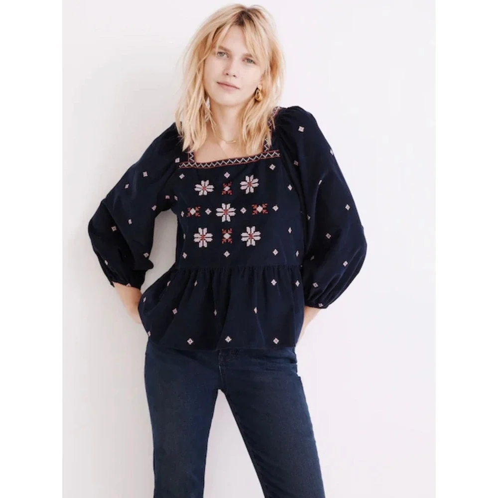 Madewell Embroidered Corduroy Button-Back Peplum Top Navy Puff Sleeve Small